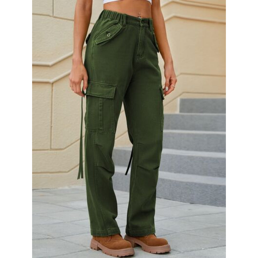Mid - Rise Waist Straight Jeans with Pockets Army Green / S Apparel and Accessories
