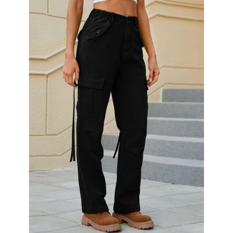 Mid - Rise Waist Straight Jeans with Pockets Black / S Apparel and Accessories