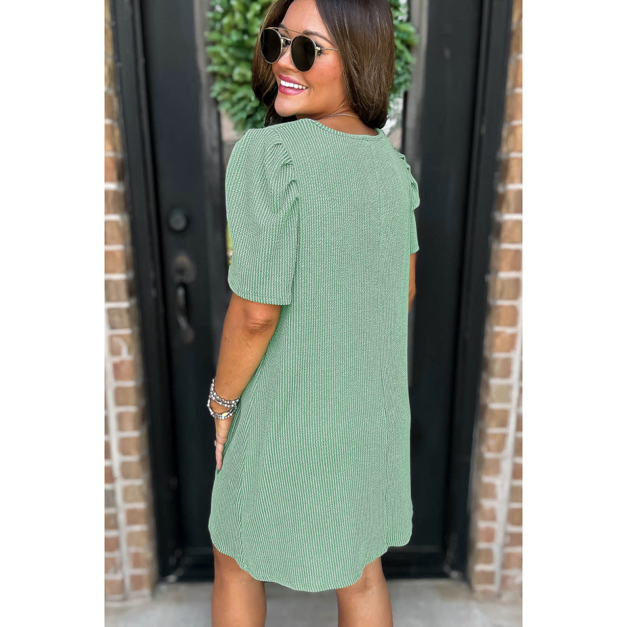 Mint Green Corded Knit Crew Neck Puff Sleeve Shift Mini Dress Dresses/T Shirt Dresses