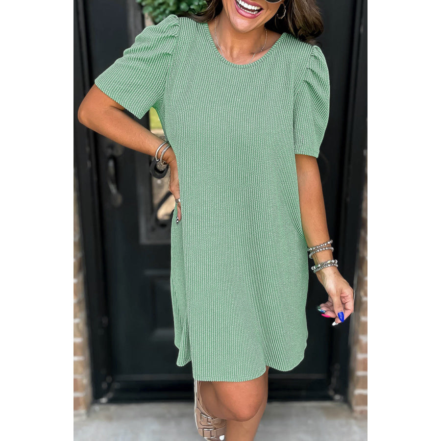 Mint Green Corded Knit Crew Neck Puff Sleeve Shift Mini Dress Dresses/T Shirt Dresses