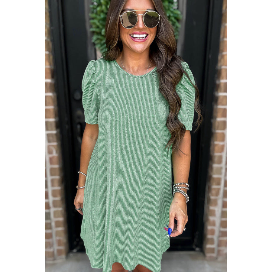 Mint Green Corded Knit Crew Neck Puff Sleeve Shift Mini Dress Dresses/T Shirt Dresses