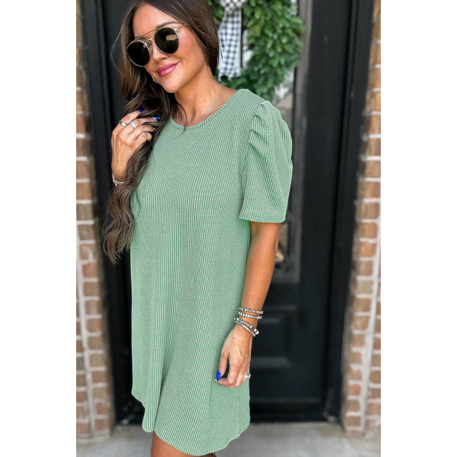 Mint Green Corded Knit Crew Neck Puff Sleeve Shift Mini Dress Dresses/T Shirt Dresses