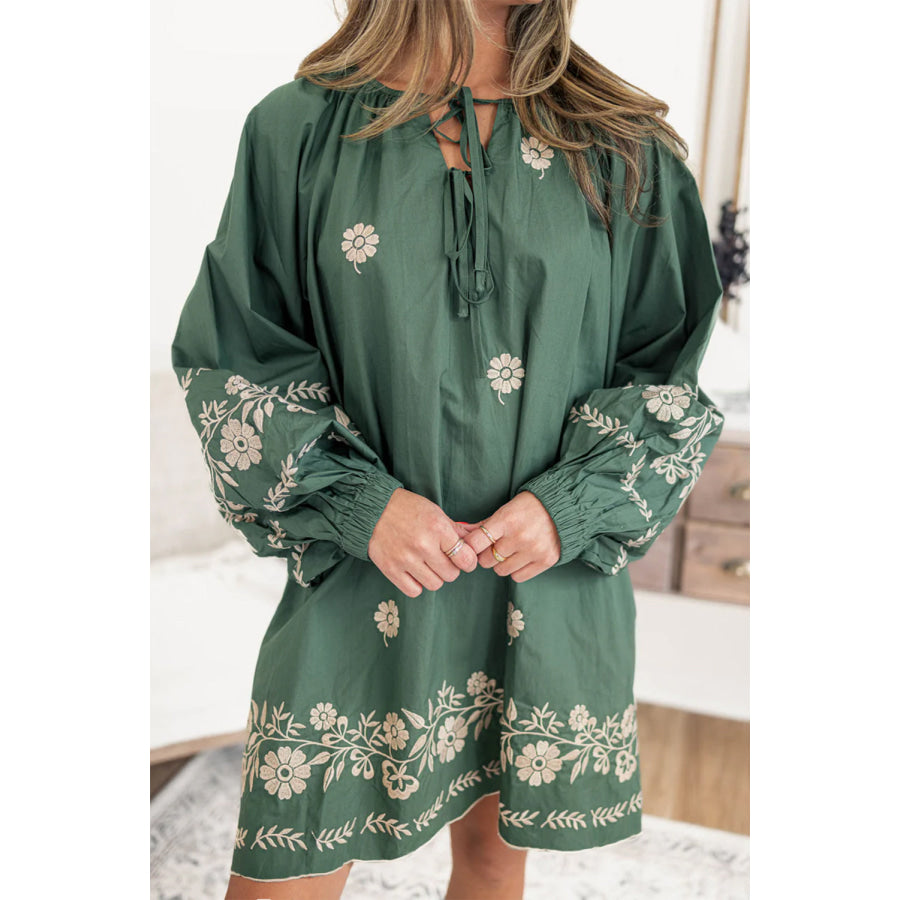 Mist Green Tie Neck Boho Floral Pattern Puff Sleeve Shift Dress Dresses/Mini Dresses