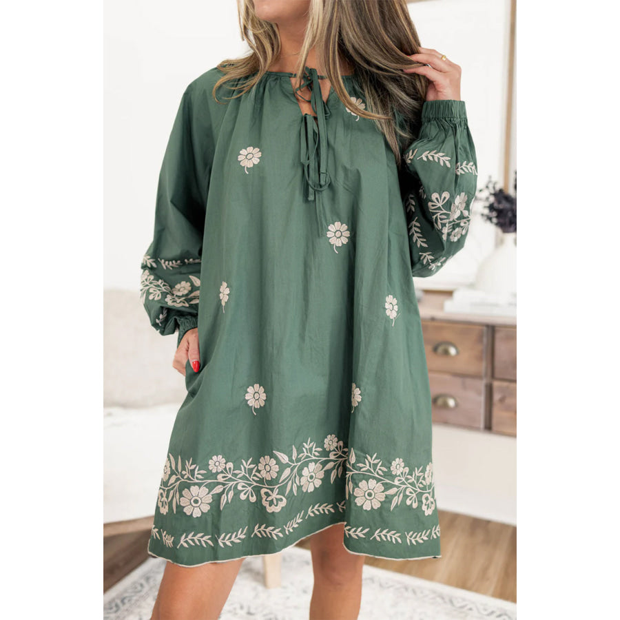 Mist Green Tie Neck Boho Floral Pattern Puff Sleeve Shift Dress Mist Green / S / 100% Polyester Dresses/Mini Dresses
