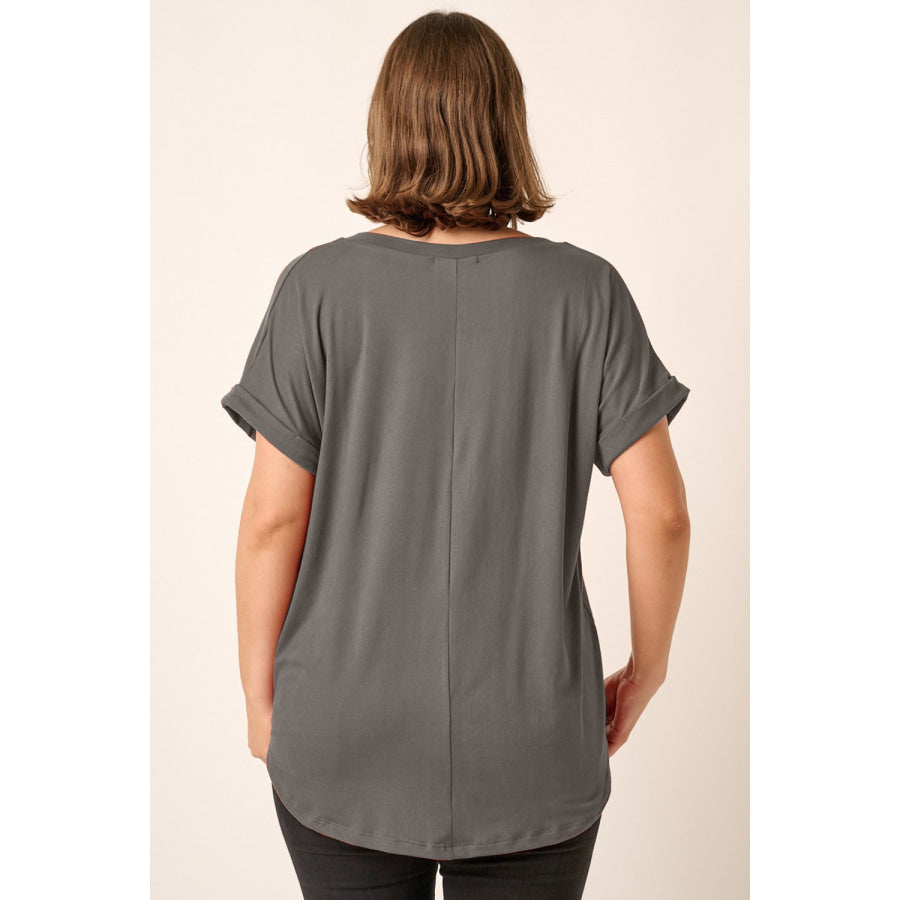 Mittoshop Full Size V - Neck Rolled Short Sleeve T - Shirt Apparel and Accessories