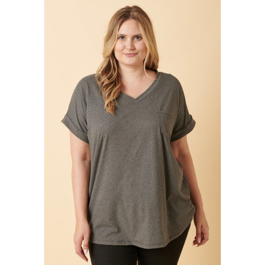 Mittoshop Full Size V - Neck Rolled Short Sleeve T - Shirt Apparel and Accessories