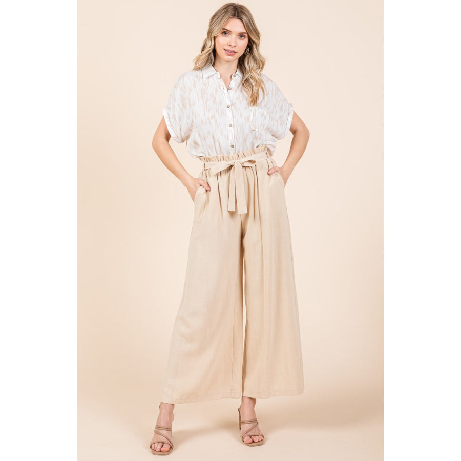 Mittoshop High Waist Tie Front Wide Leg Pants Apparel and Accessories