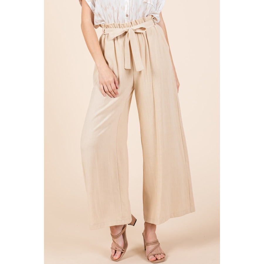 Mittoshop High Waist Tie Front Wide Leg Pants Natural / S Apparel and Accessories