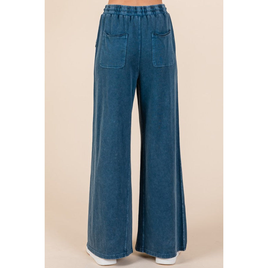 Mittoshop Mineral Wash French Terry Drawstring Wide Leg Pants Dark Blue / S Apparel and Accessories