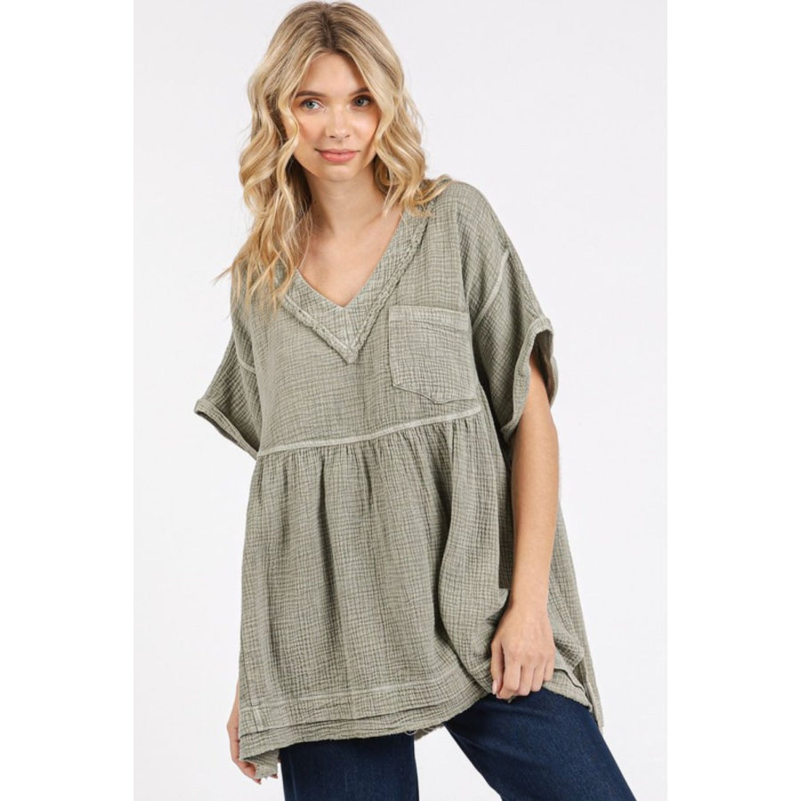 Mittoshop Mineral Wash Gauze Babydoll V-Neck Oversized Blouse Apparel and Accessories