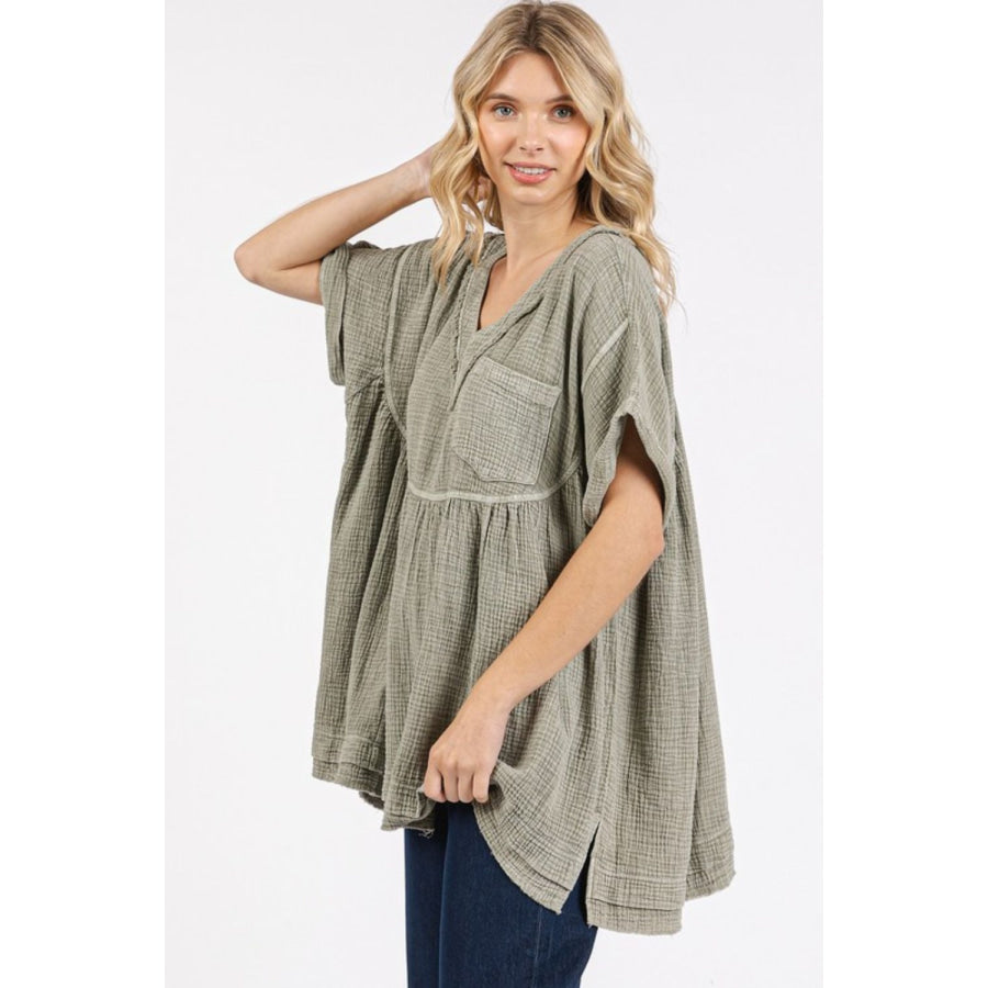 Mittoshop Mineral Wash Gauze Babydoll V-Neck Oversized Blouse Apparel and Accessories