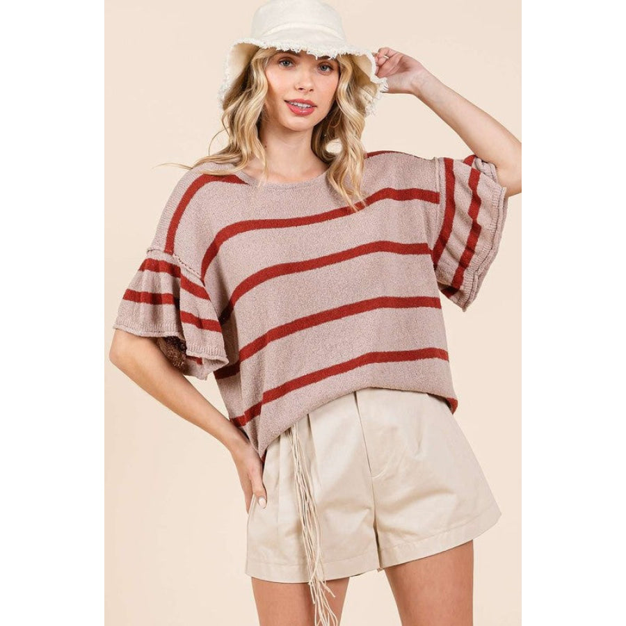 Mittoshop Striped Flounce Sleeve Knit Top Mocha/Rust / S Apparel and Accessories