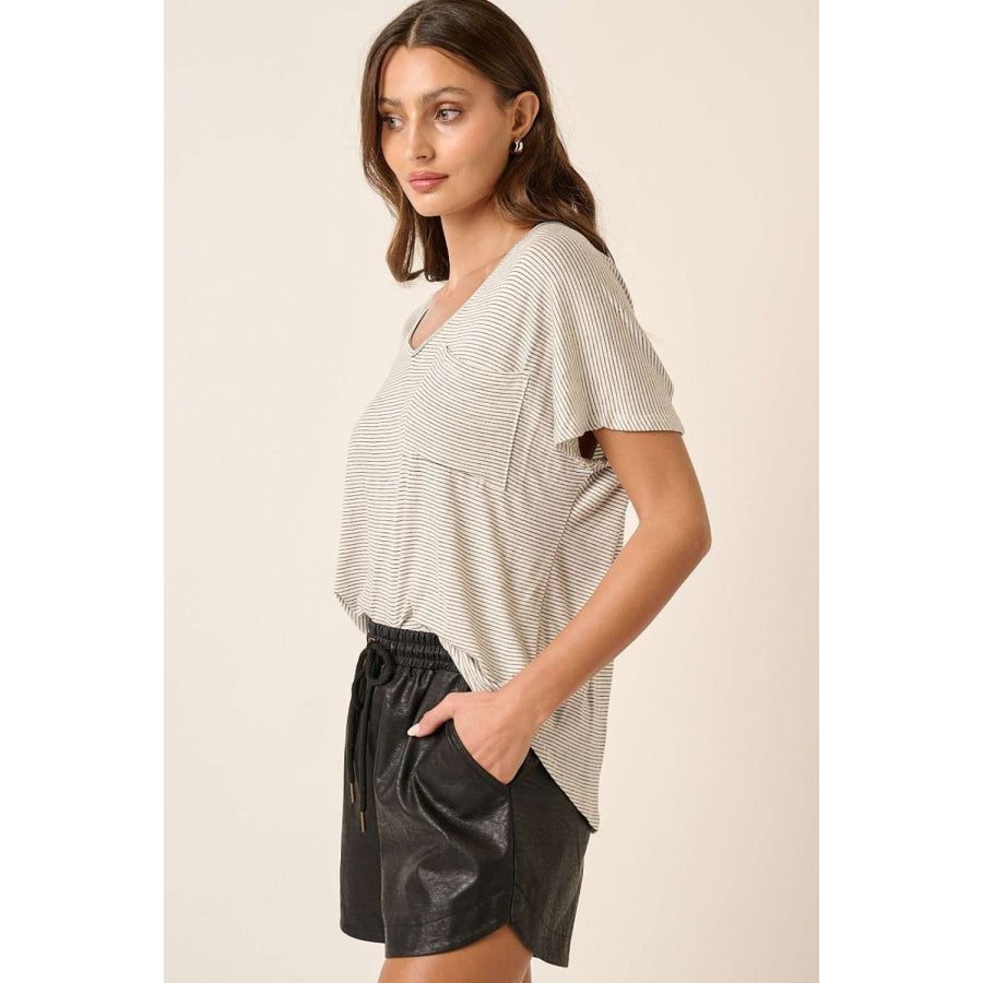 Mittoshop Striped V - Neck Short Sleeve T - Shirt Apparel and Accessories