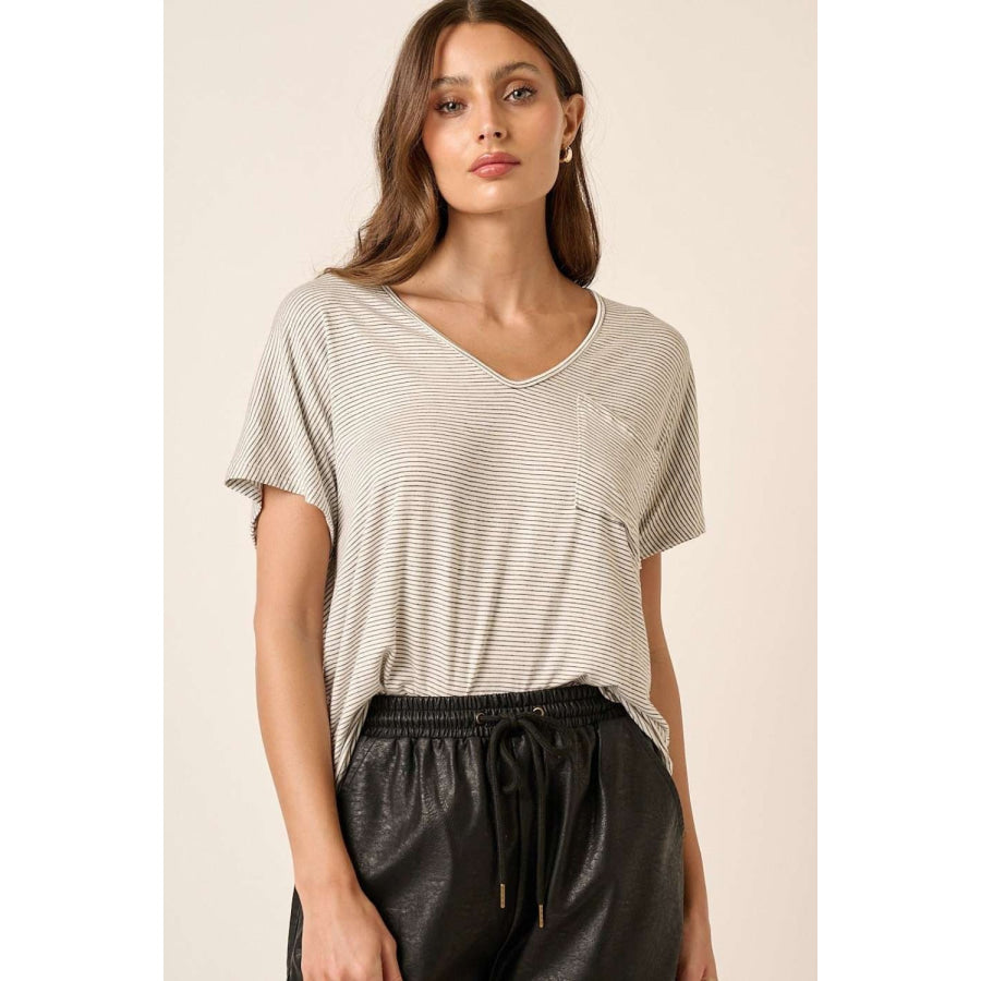 Mittoshop Striped V - Neck Short Sleeve T - Shirt Apparel and Accessories