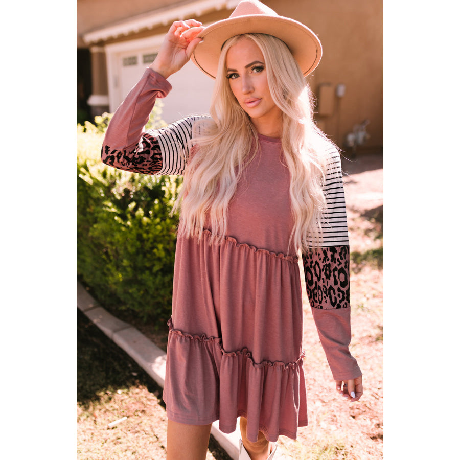 Mixed Print Frill Trim Long Sleeve Dress