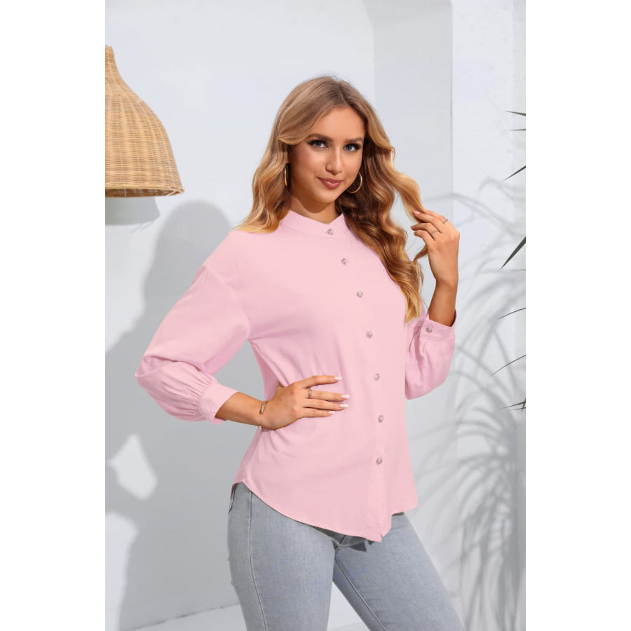 Mock Neck Buttoned Long Sleeve Shirt Carnation Pink / S