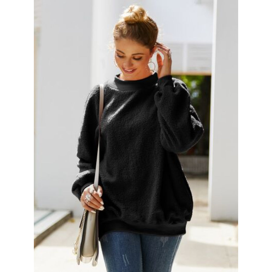 Mock Neck Dropped Shoulder Sweatshirt Black / S Apparel and Accessories