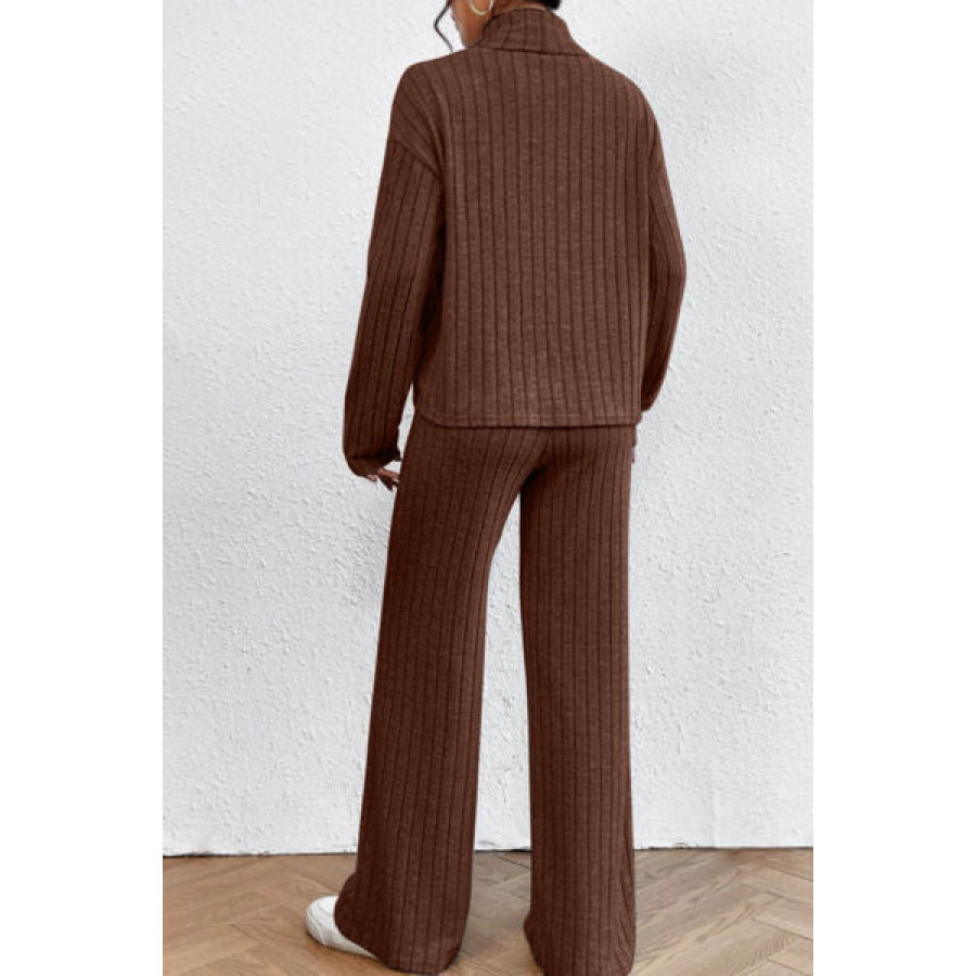 Mock Neck Dropped Shoulder Top and Pants Set Clothing
