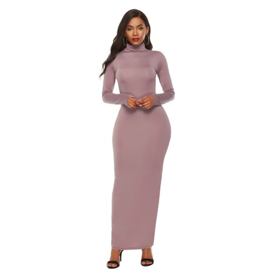 Mock Neck Long Sleeve Maxi Slim Dress Light Mauve / S Clothing