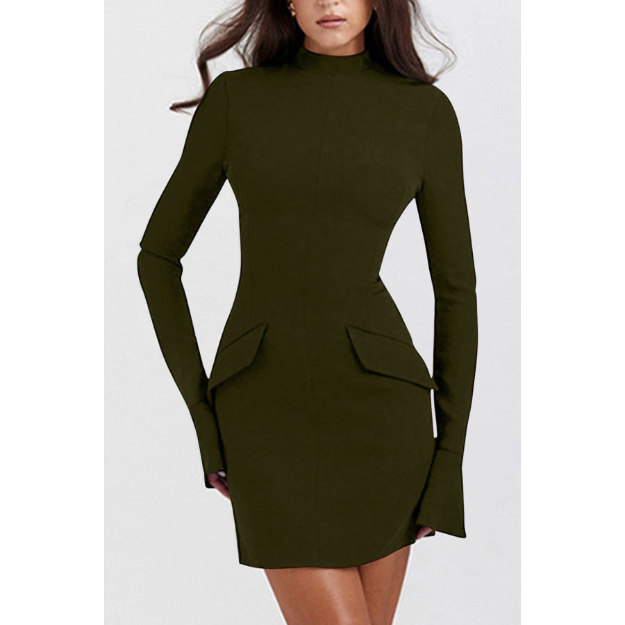 Mock Neck Long Sleeve Mini Dress Army Green / XS Apparel and Accessories