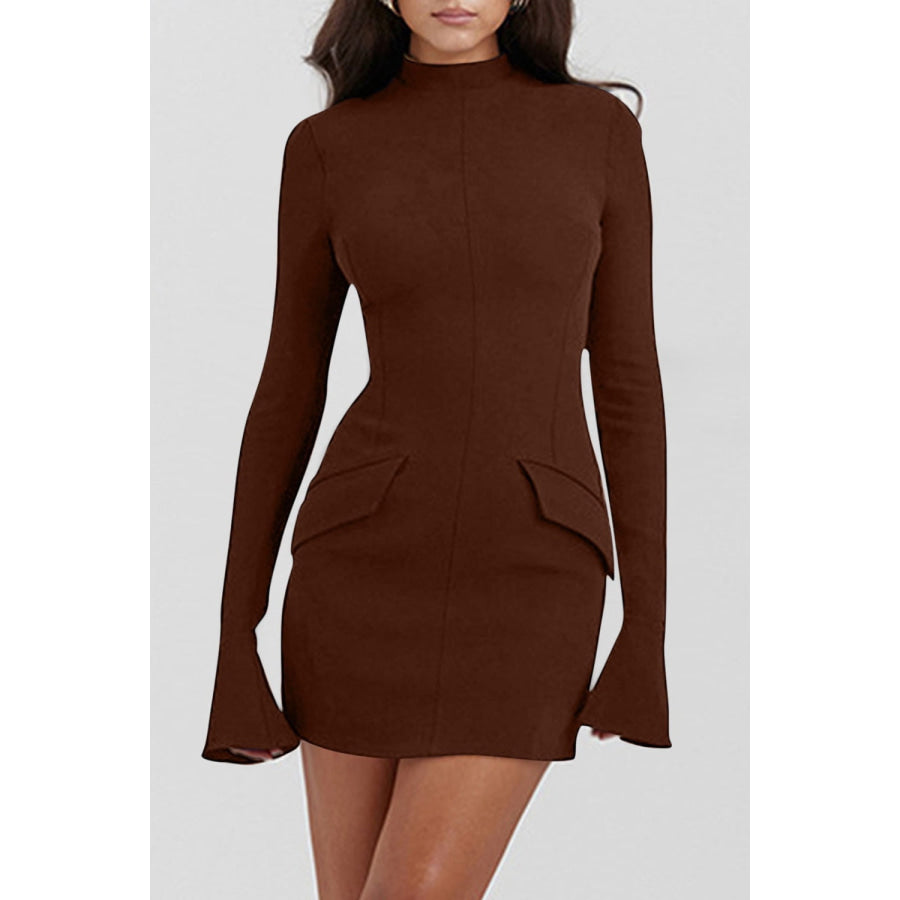 Mock Neck Long Sleeve Mini Dress Brown / XS Apparel and Accessories