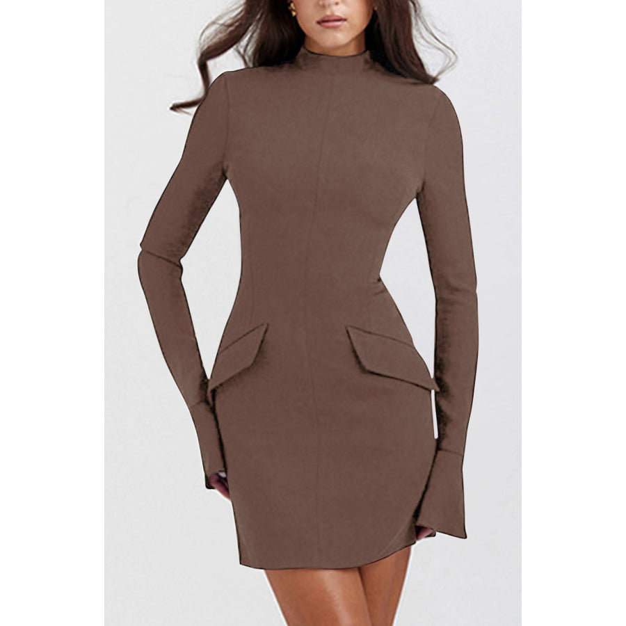 Mock Neck Long Sleeve Mini Dress Mocha / XS Apparel and Accessories