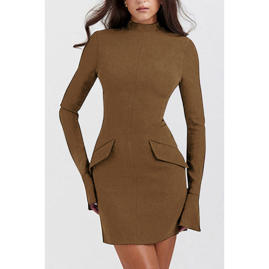 Mock Neck Long Sleeve Mini Dress Taupe / XS Apparel and Accessories