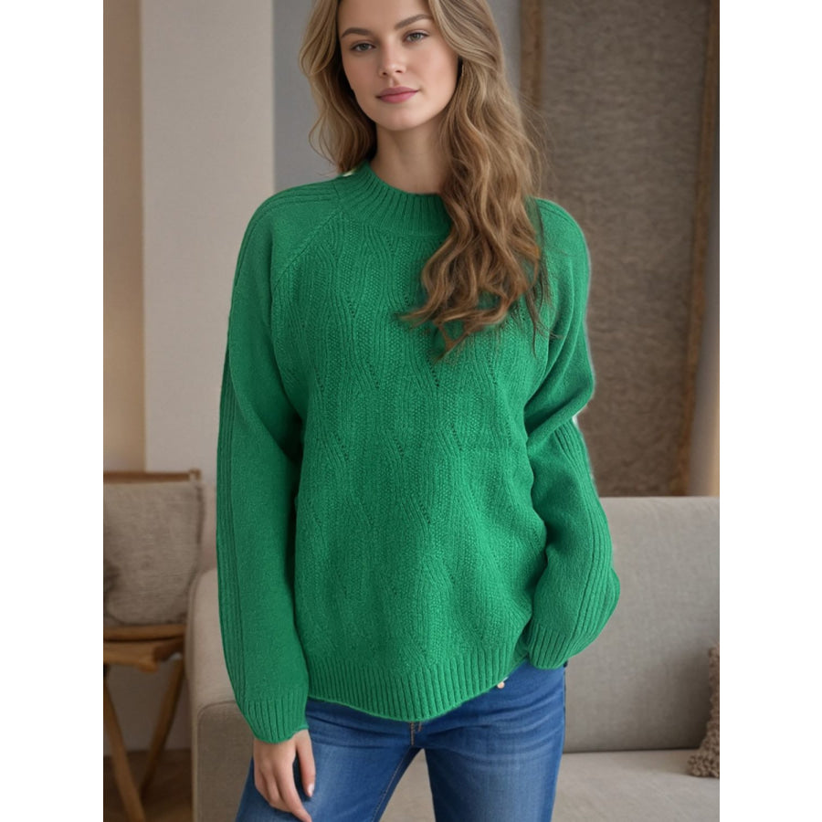 Mock Neck Long Sleeve Sweater Dark Green / One Size Apparel and Accessories