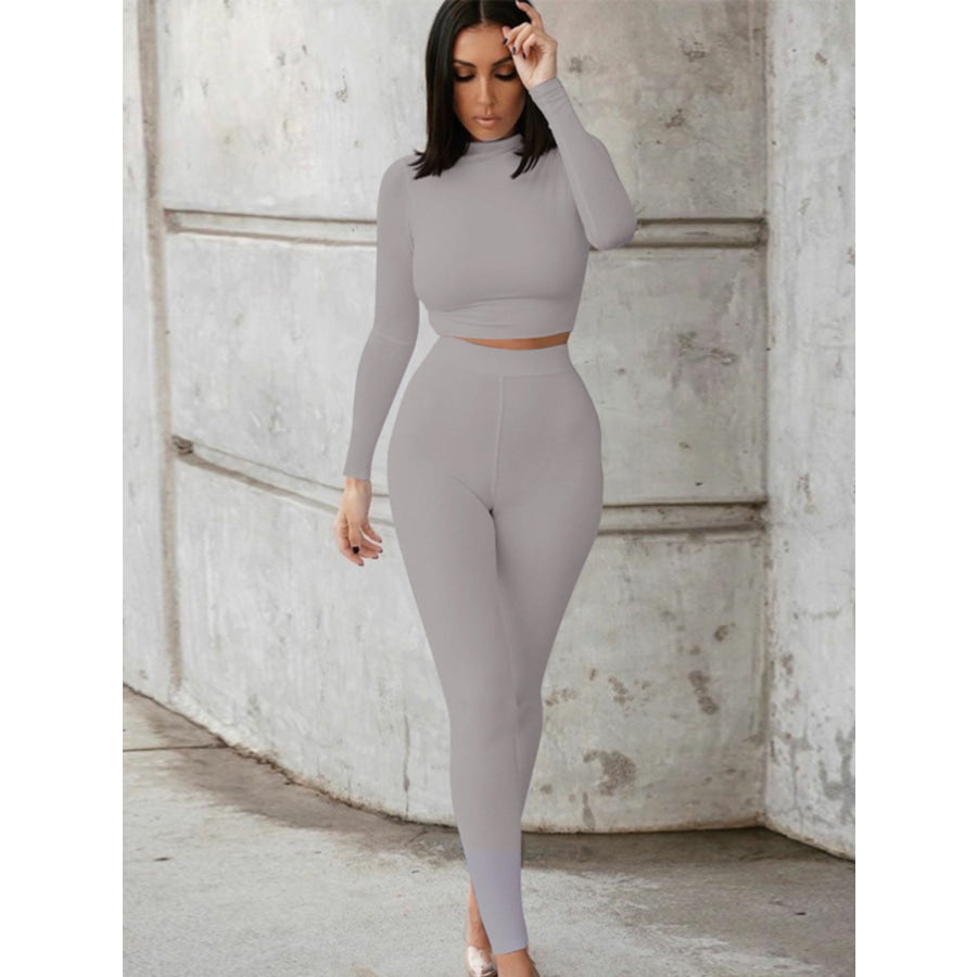 Mock Neck Long Sleeve Top and High Waist Pants Set Heather Gray / S Apparel Accessories