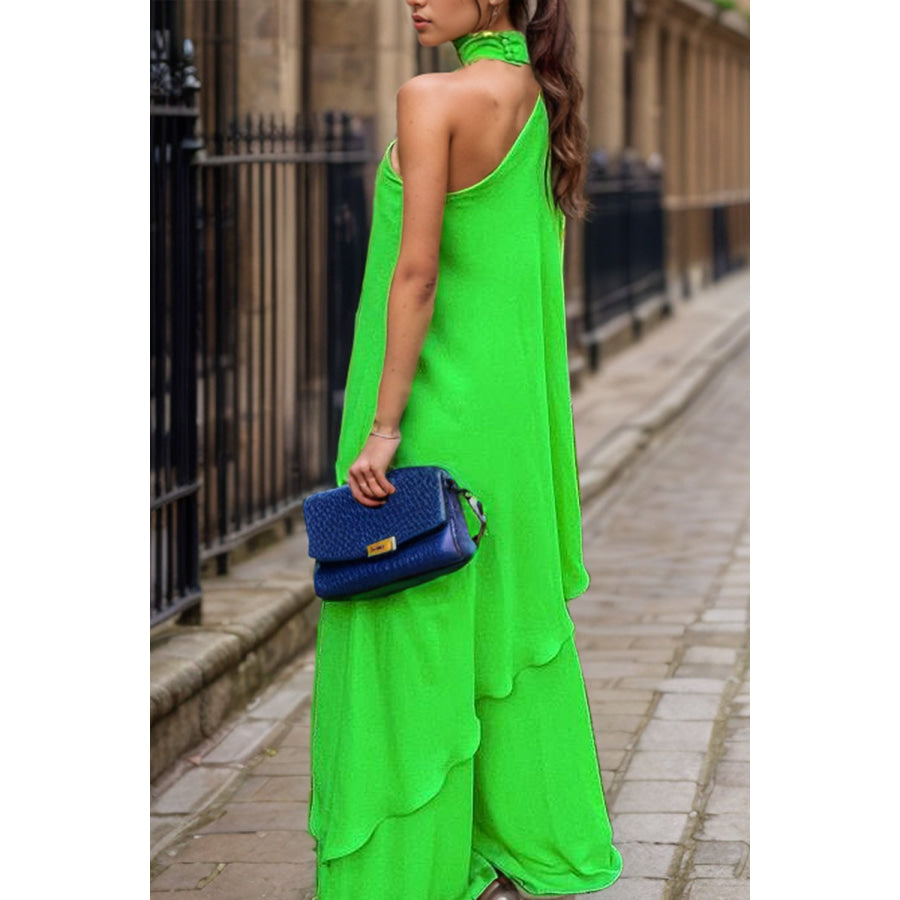 Mock Neck Single Shoulder Top and Pants Set Mid Green / S Apparel Accessories