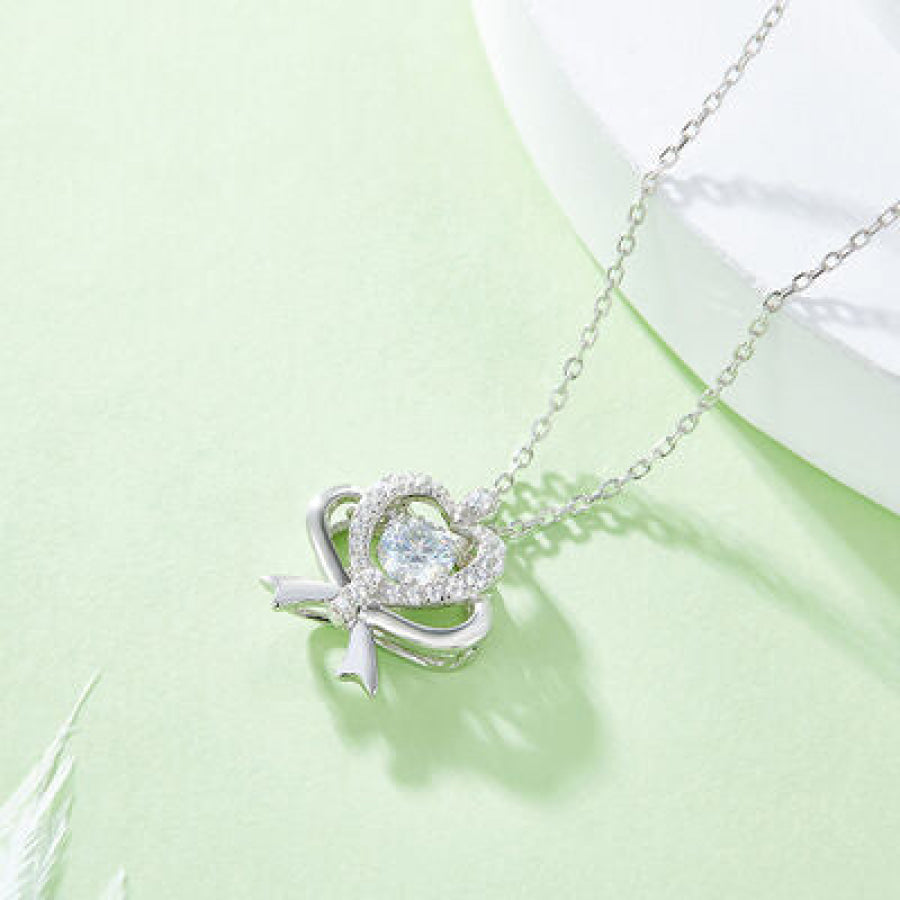 Moissanite 925 Sterling Silver Bow & Heart Necklace Silver / One Size Apparel and Accessories