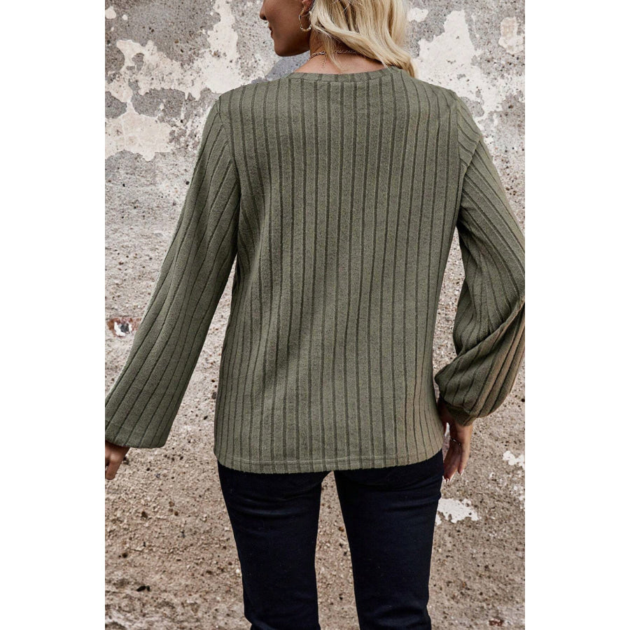 Moss Green Leopard Print Crochet Patchwork Rib Textured Knit Top Tops/Long Sleeve Tops