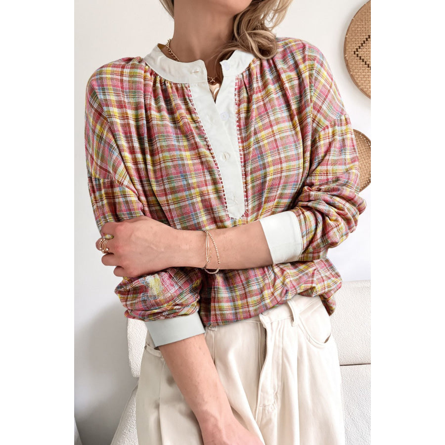 Mulit-Color Plaid Round Neck Long Sleeve Blouse Apparel and Accessories