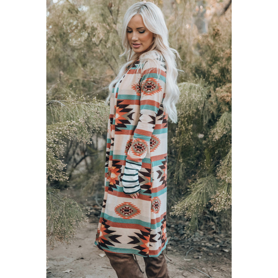 Multicolor Geometric Color Block Open Front Long Cardigan Sweaters & Cardigans/Cardigans