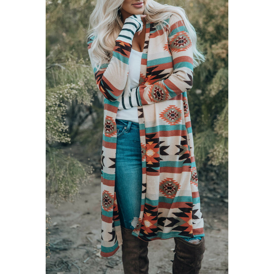 Multicolor Geometric Color Block Open Front Long Cardigan Sweaters & Cardigans/Cardigans