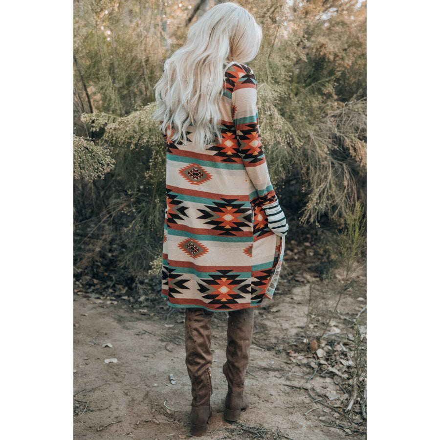 Multicolor Geometric Color Block Open Front Long Cardigan Sweaters & Cardigans/Cardigans