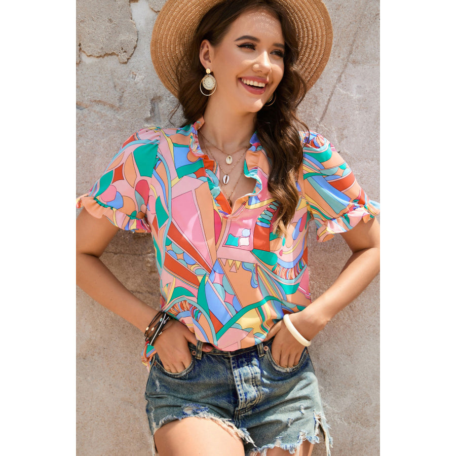 Multicolored Frill Trim V-Neck Flounce Sleeve Blouse Multicolor / S