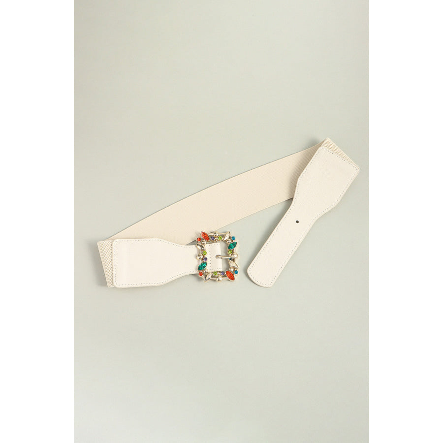 Multicolored Leaf Buckle Elastic Belt Ivory / One Size