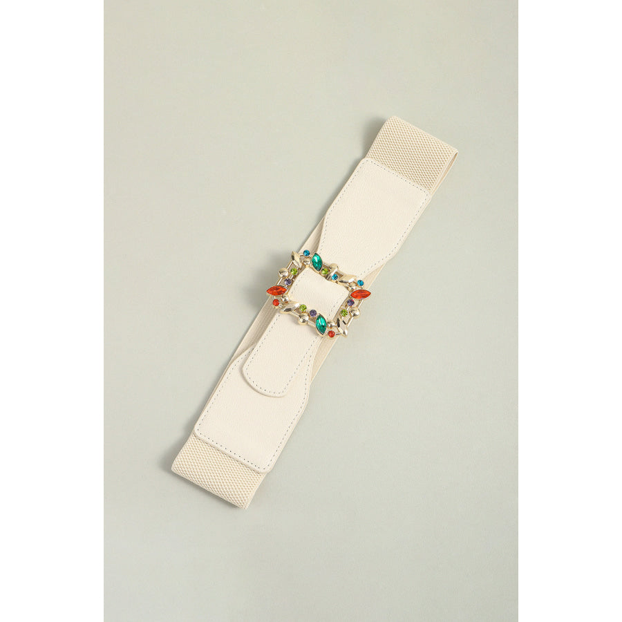 Multicolored Leaf Buckle Elastic Belt Ivory / One Size