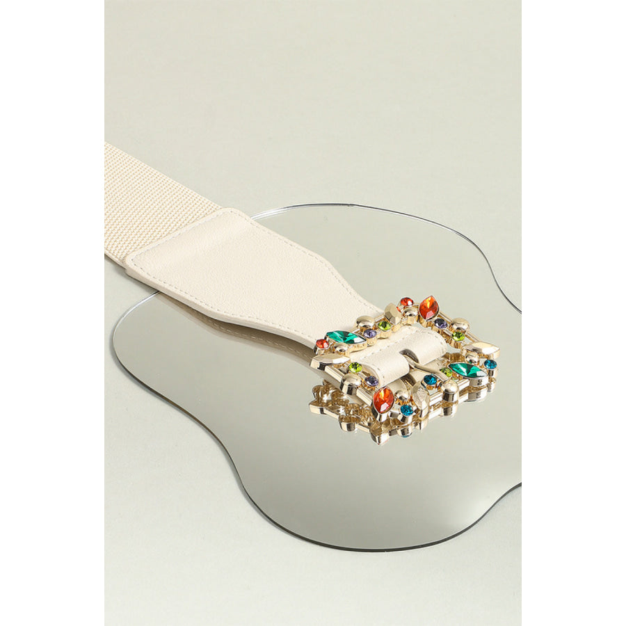 Multicolored Leaf Buckle Elastic Belt Ivory / One Size