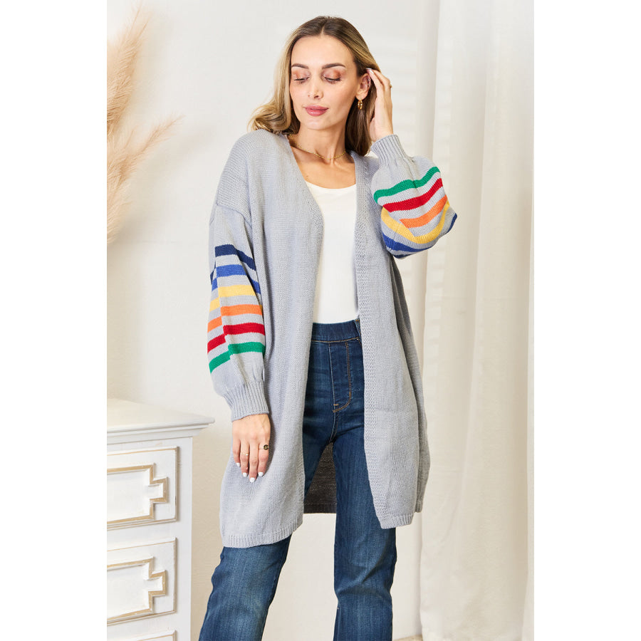 Multicolored Stripe Open Front Longline Cardigan Light Gray / S Apparel and Accessories