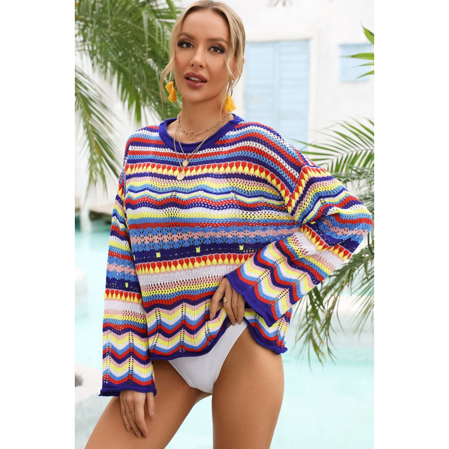 Multicolored Stripe Round Neck Cover-Up