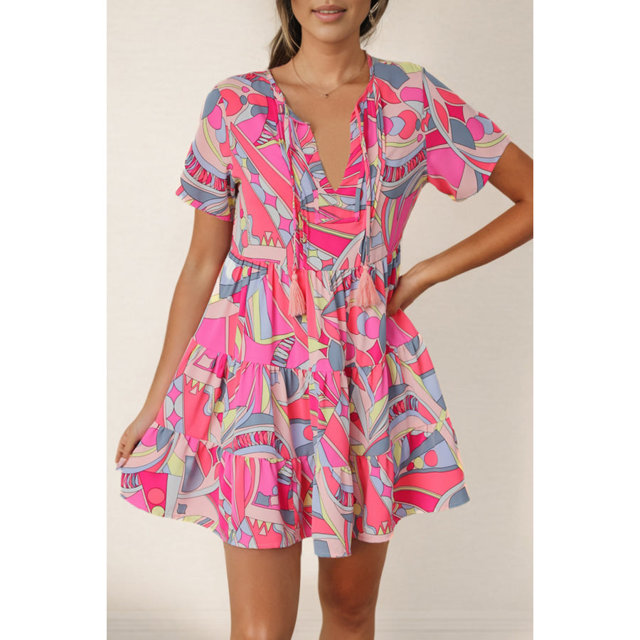 Multicolored Tie Neck Short Sleeve Tiered Dress