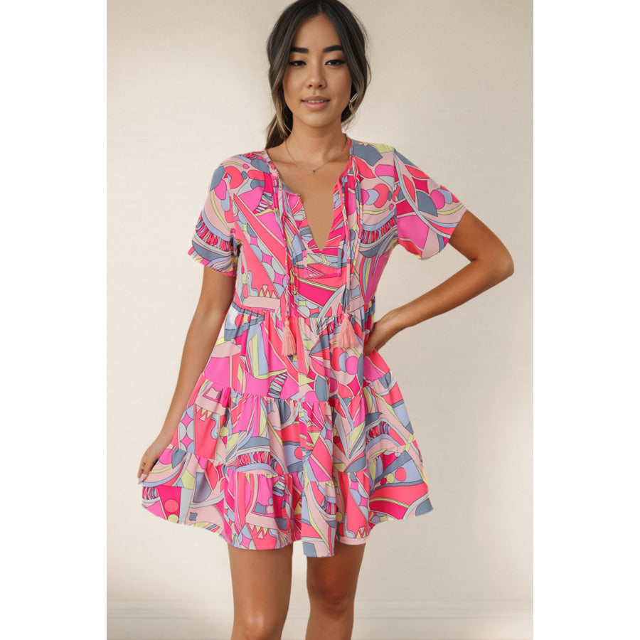 Multicolored Tie Neck Short Sleeve Tiered Dress