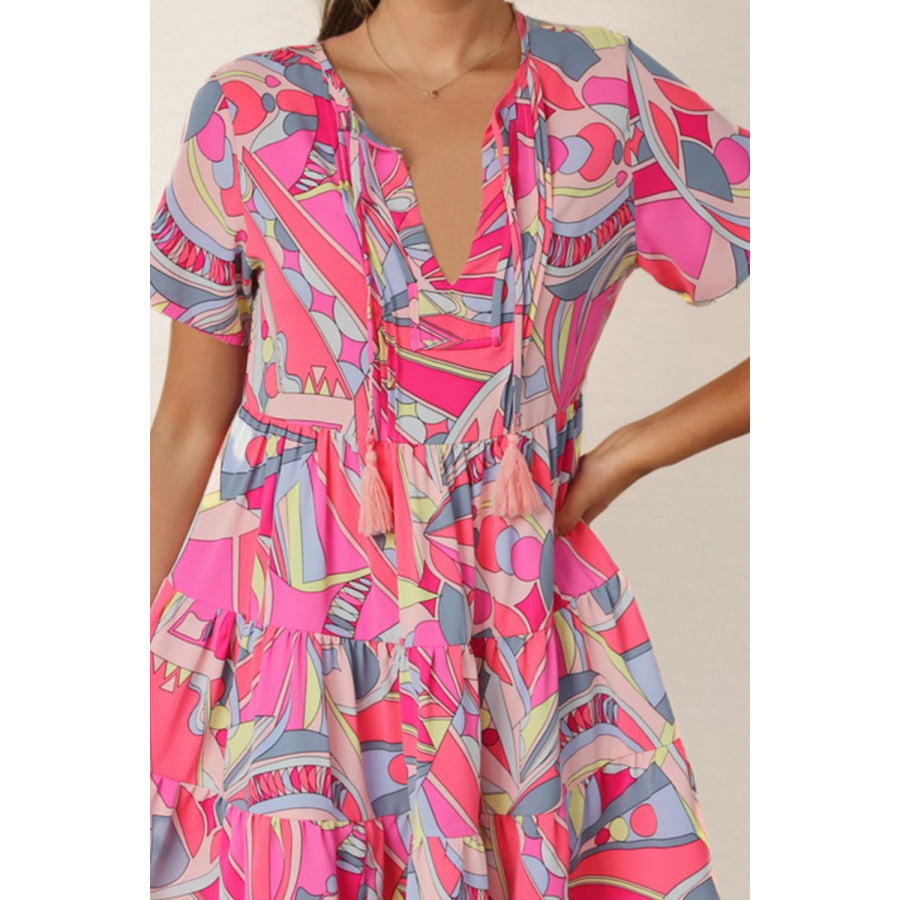 Multicolored Tie Neck Short Sleeve Tiered Dress