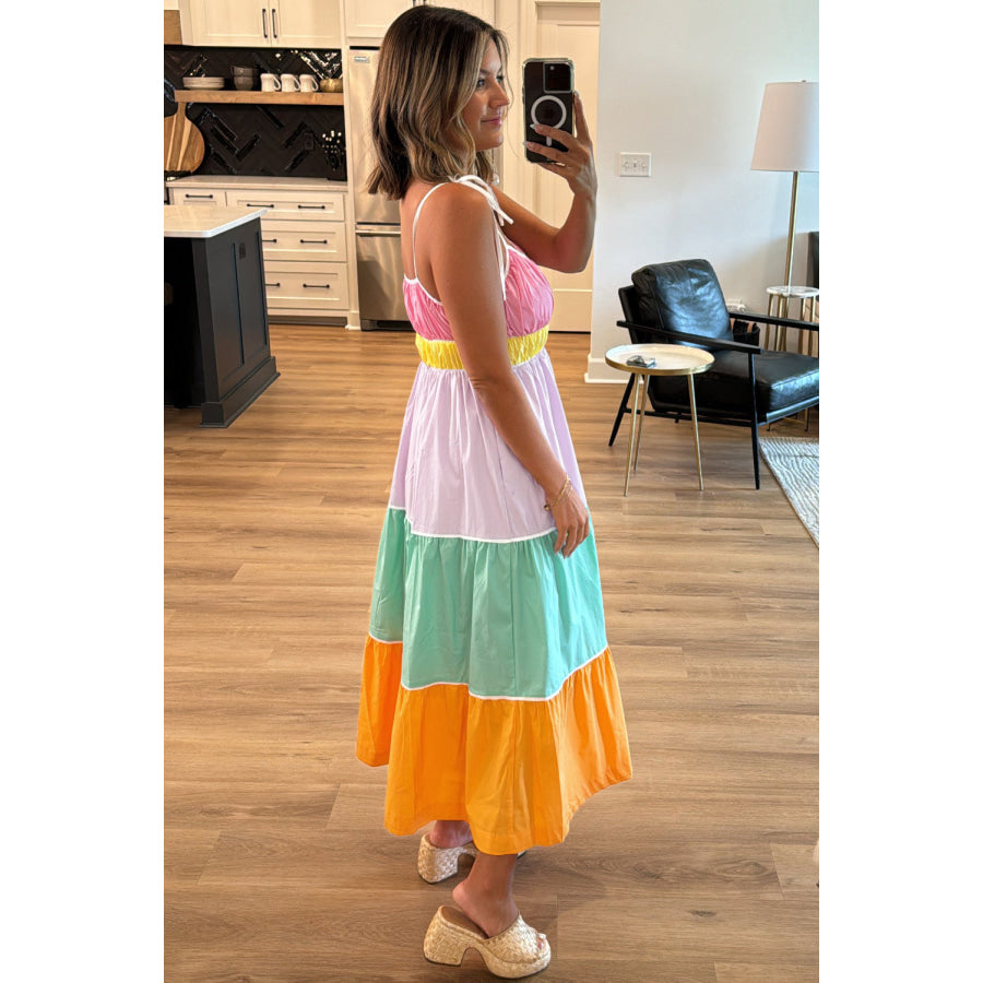 Multicolour Colorblock Self-tie Straps High Waist Flowy Maxi Dress with Pockets Dresses/Maxi Dresses
