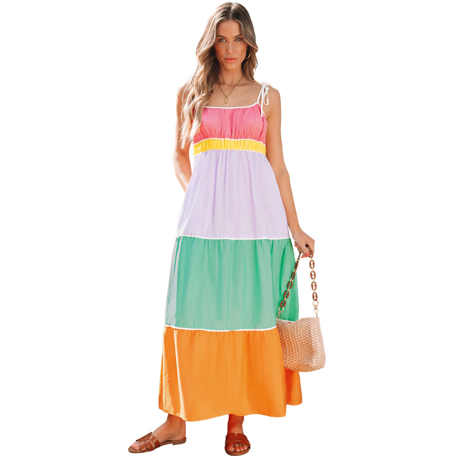 Multicolour Colorblock Self-tie Straps High Waist Flowy Maxi Dress with Pockets Dresses/Maxi Dresses