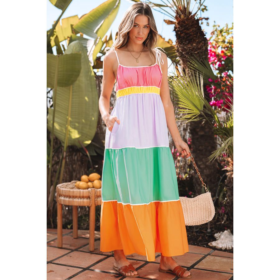 Multicolour Colorblock Self-tie Straps High Waist Flowy Maxi Dress with Pockets Dresses/Maxi Dresses