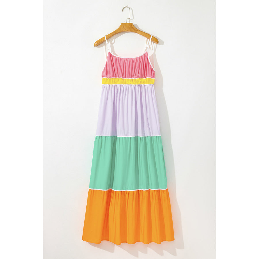 Multicolour Colorblock Self-tie Straps High Waist Flowy Maxi Dress with Pockets Dresses/Maxi Dresses