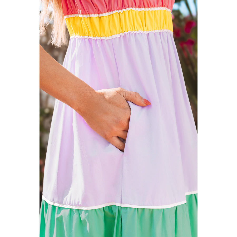 Multicolour Colorblock Self-tie Straps High Waist Flowy Maxi Dress with Pockets Dresses/Maxi Dresses